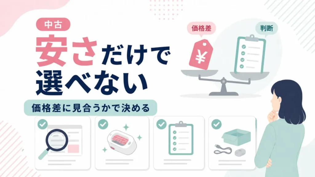 ケノン中古を安さだけで選ばず、価格差と確認ポイントのバランスを考える購入判断の図解