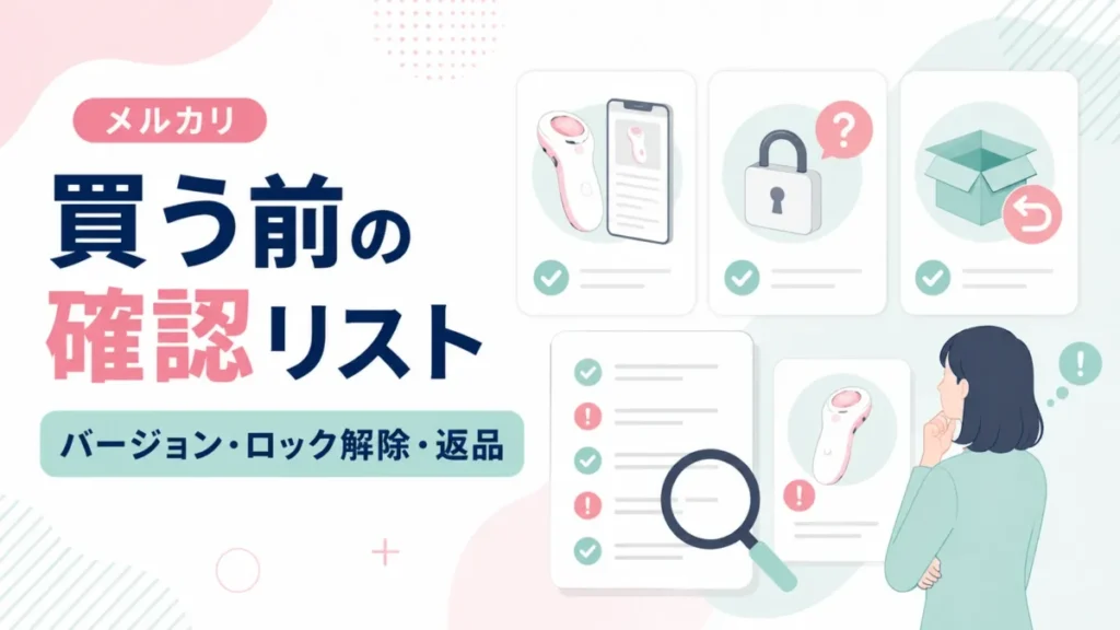 メルカリでケノン中古を買う前に、バージョンやロック解除、返品の確認点を示す図解