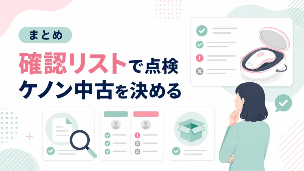 ケノン中古を決める前に、確認リストで点検する流れと判断材料をまとめた図解