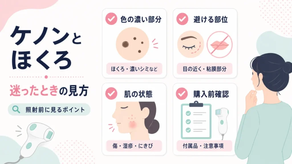 ケノンとほくろで迷ったときの見方を、照射前の確認ポイント4項目で整理して示す図解