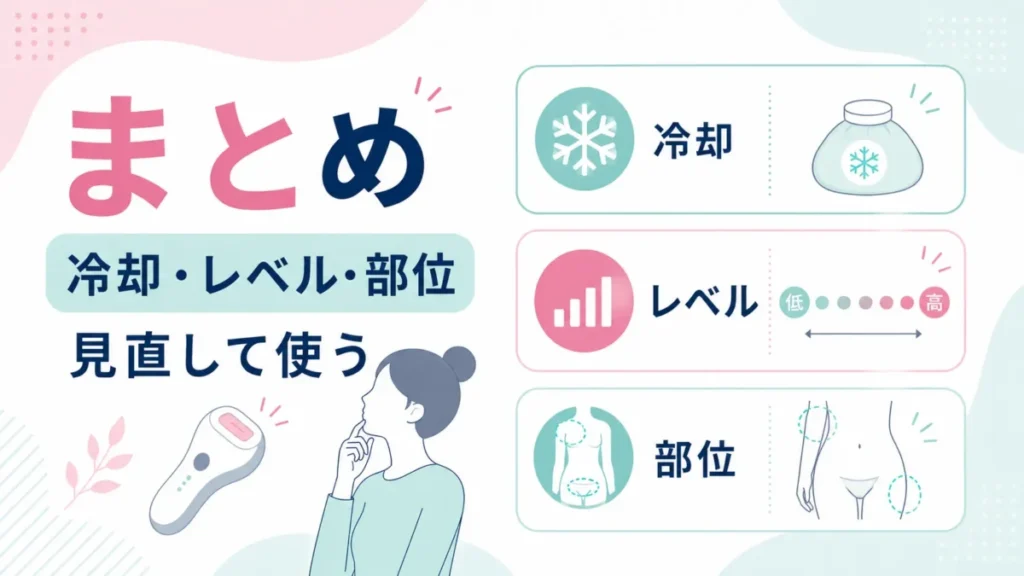 ケノン使用時の冷却・レベル・部位の見直しポイントをまとめた図解