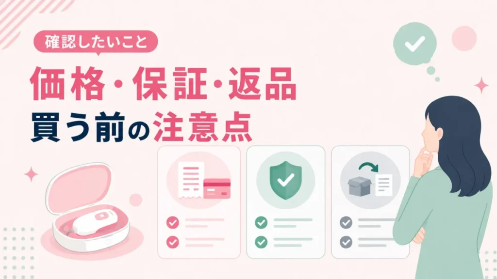 ケノン購入前に確認したい価格・保証・返品の注意点を示す図解