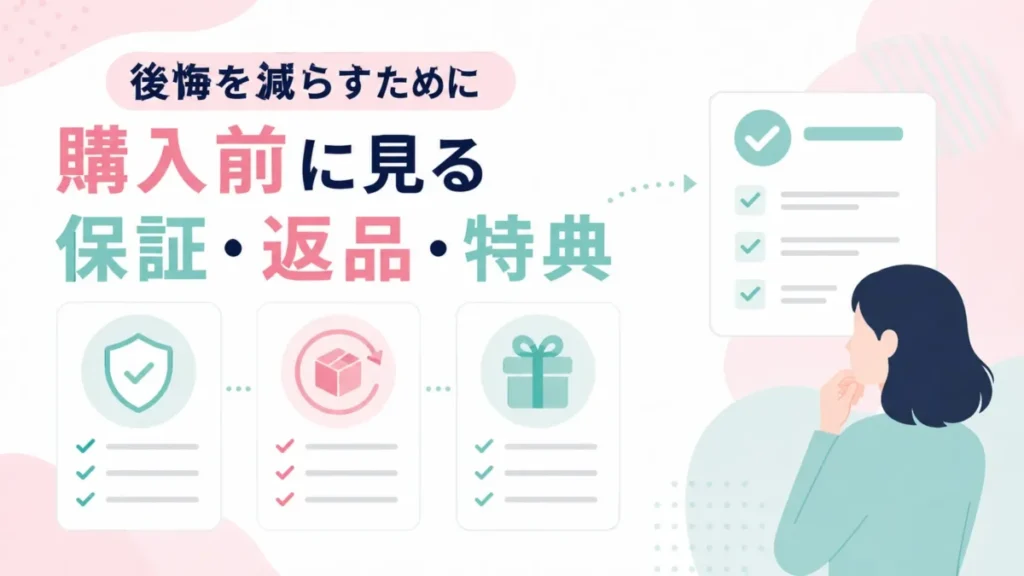 ケノン購入前に確認したい保証・返品・特典の見方を示す図解