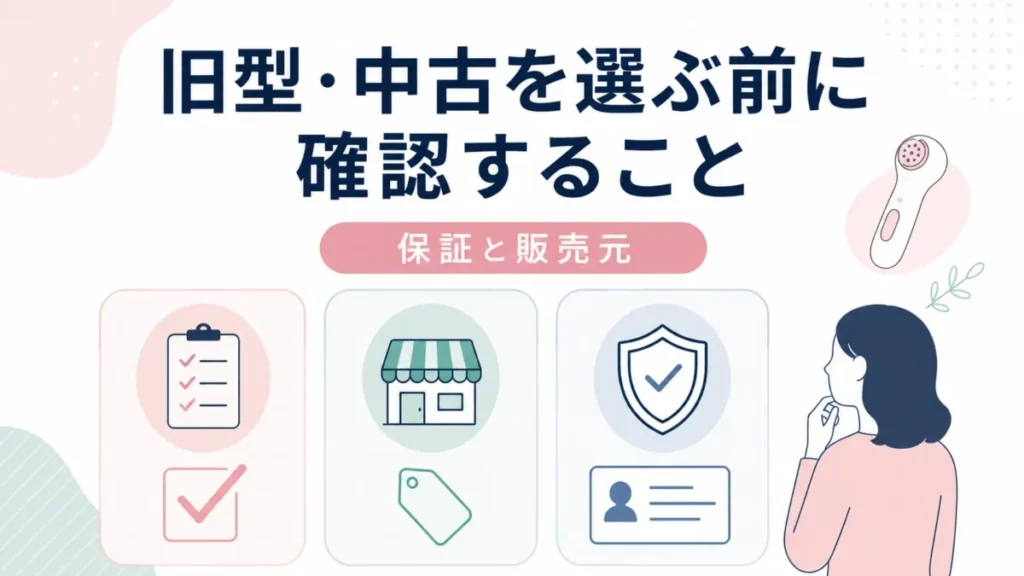 旧型や中古のケノンを選ぶ前に保証と販売元を確認するポイント図解