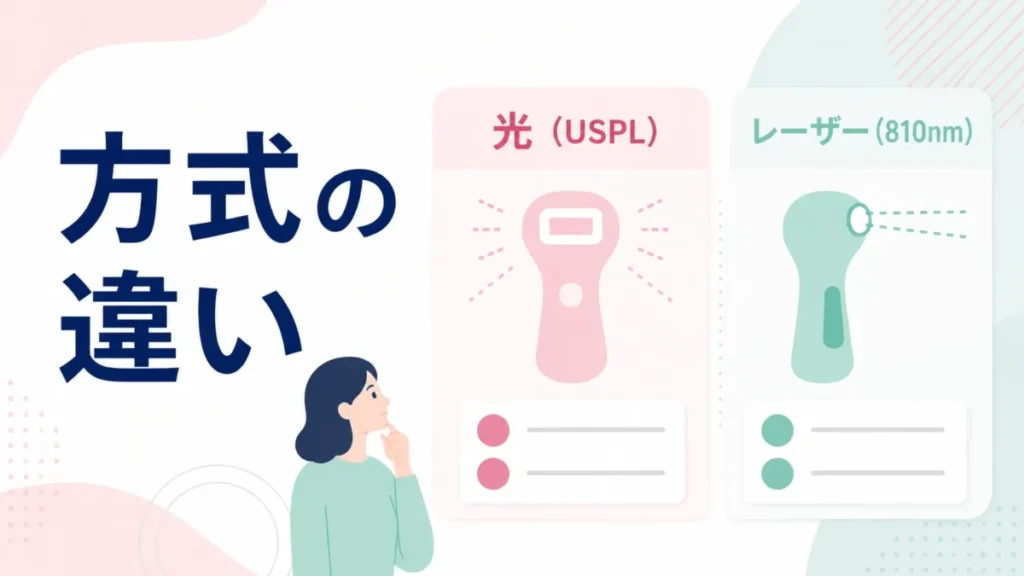 ケノンとトリアの方式の違いを、光とレーザーの構成で整理する比較図