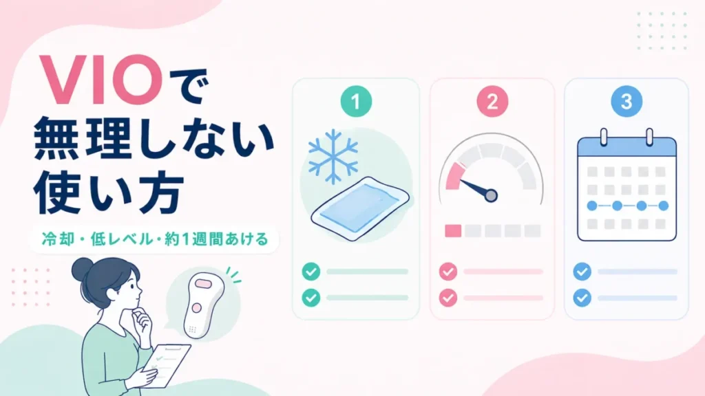VIOで無理しない使い方として冷却、低レベル、約1週間あける流れを整理した図解