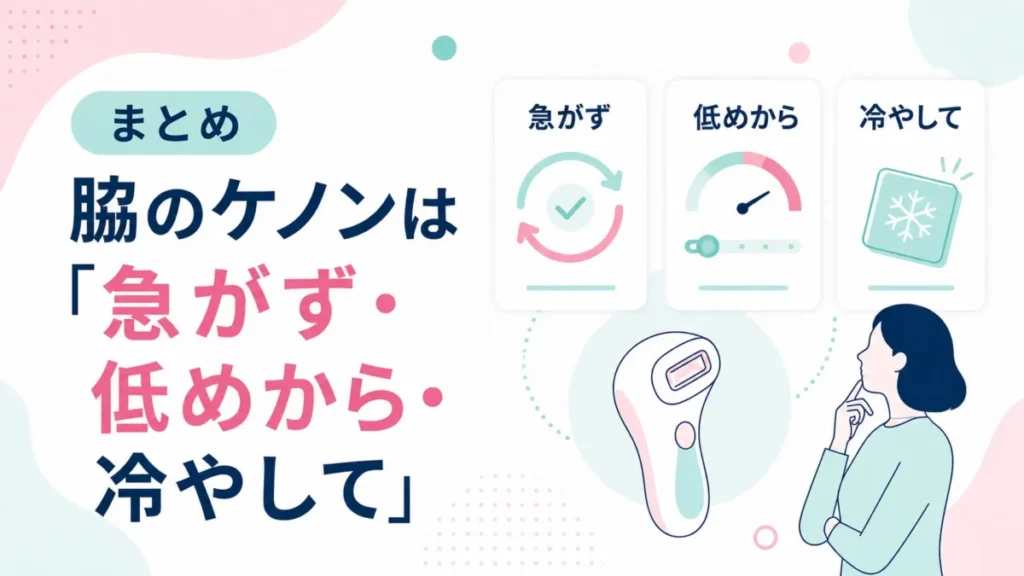 脇に使うときの急がず・低めから・冷やしての要点をまとめた図解