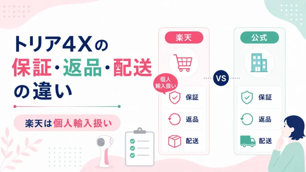 トリア4Xの保証や返品、配送の違いと個人輸入扱いを整理した比較図