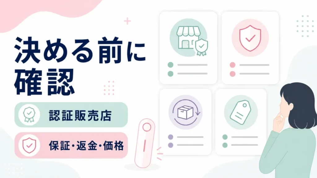 口コミで決める前に、認証販売店や保証、返金、価格の確認点を示す図解