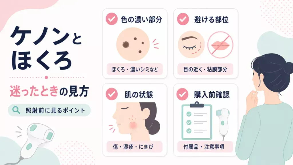 ケノンとほくろで迷ったときの見方を、照射前の確認ポイント4項目で整理して示す図解