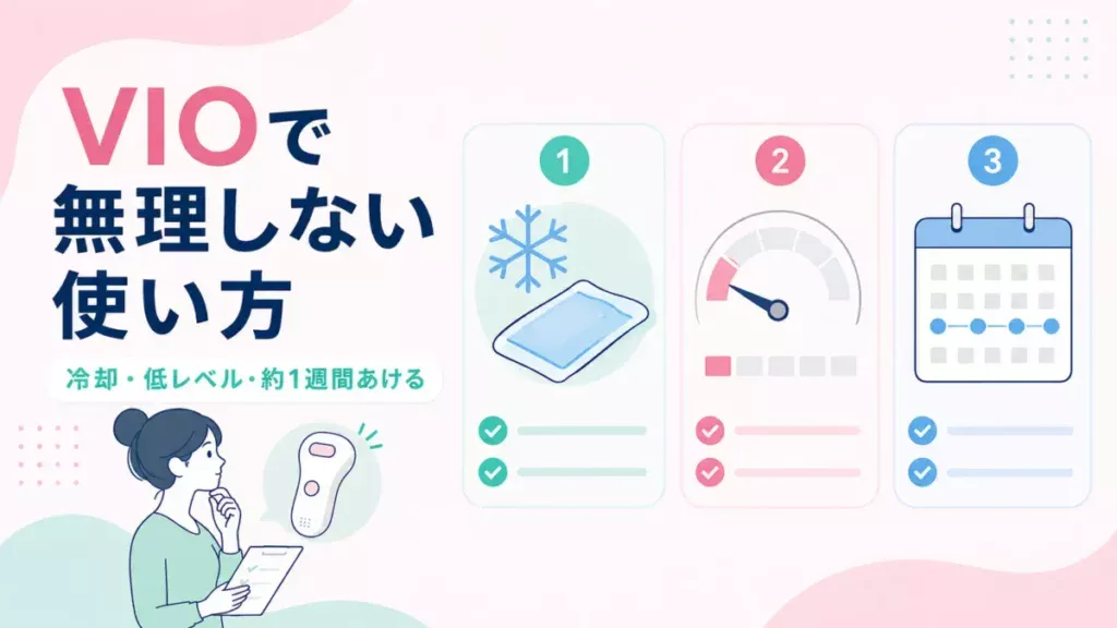 VIOで無理しない使い方として冷却、低レベル、約1週間あける流れを整理した図解