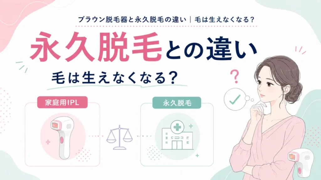 ブラウン脱毛器と永久脱毛の違いを、毛は生えなくなるかの観点で整理する比較図