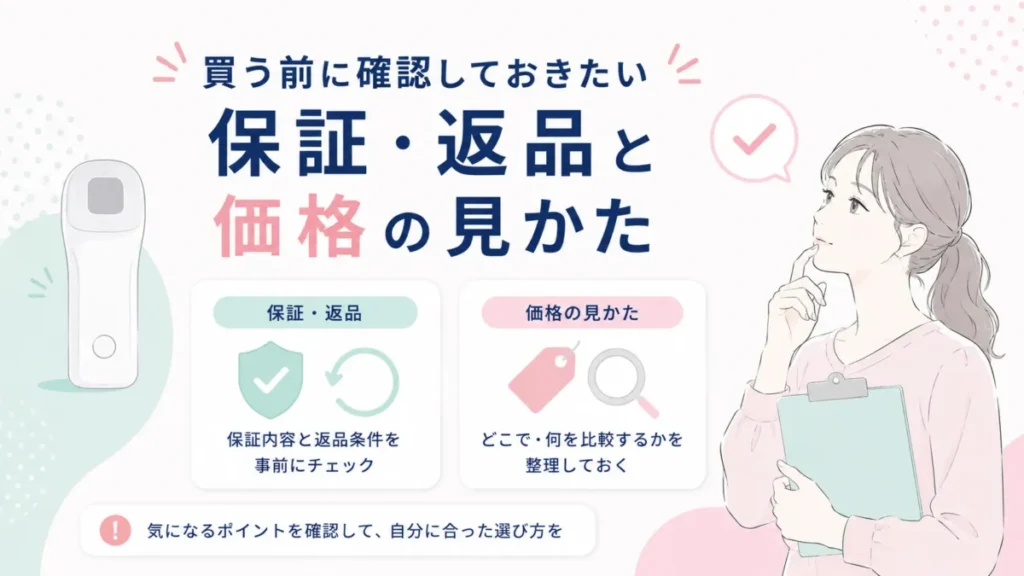 購入前に保証・返品条件と価格の見かたを整理する確認ポイント図